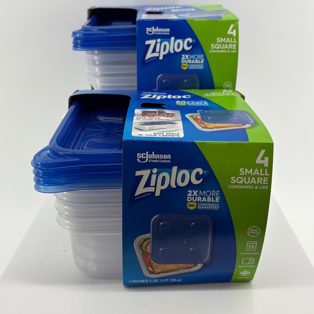 Ziploc Small Square Food Storage Containers 1.5 Pt 709mL 2 Packs of 4 Total 8